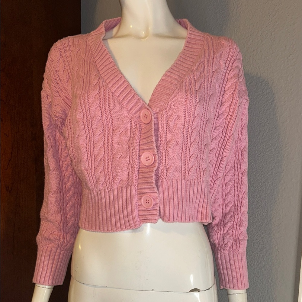 Pink Cable Knit Cardigan Sweater